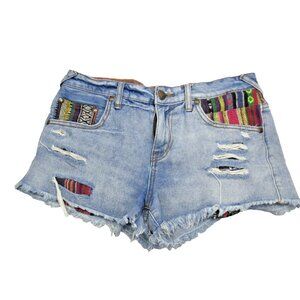 Free People Women 28 Blue Boho Tapestry Accent Distressed Denim Mid Rise Shorts
